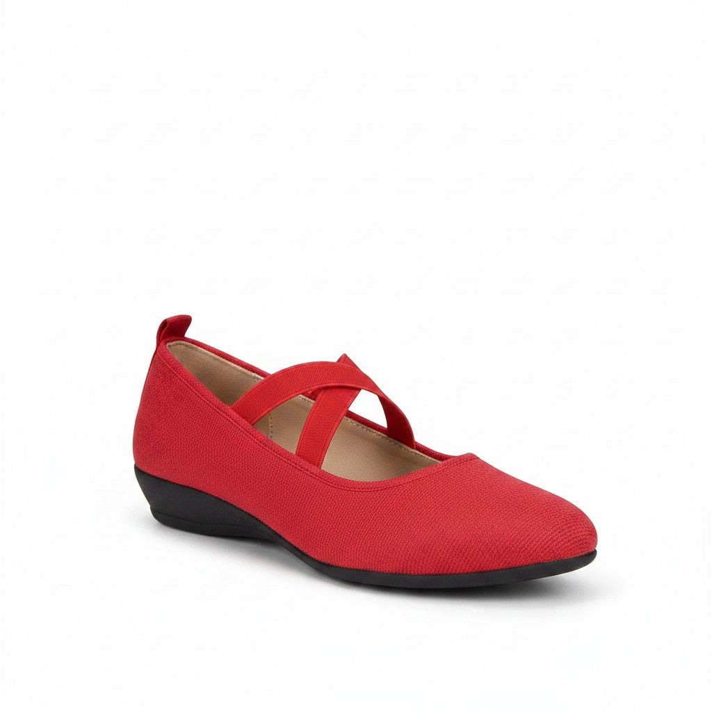 Red wedge ballet flats with ankle strap and cross strap cutouts, closed toe.