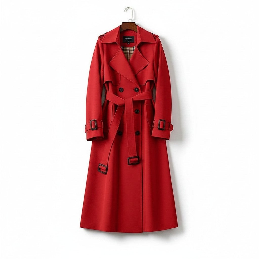 Red trench coat with double-breasted front, belted waist, and structured shoulder details.