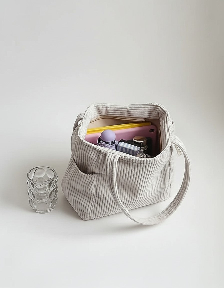 Corduroy tote bag in off-white with ribbed texture and open top