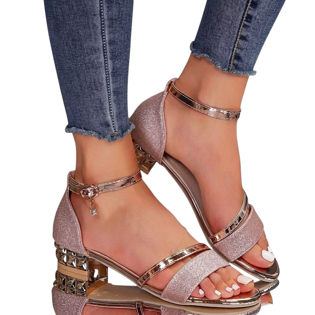 Women’s strappy block heel sandals with ankle strap, open toe, rose glitter straps, gold trim