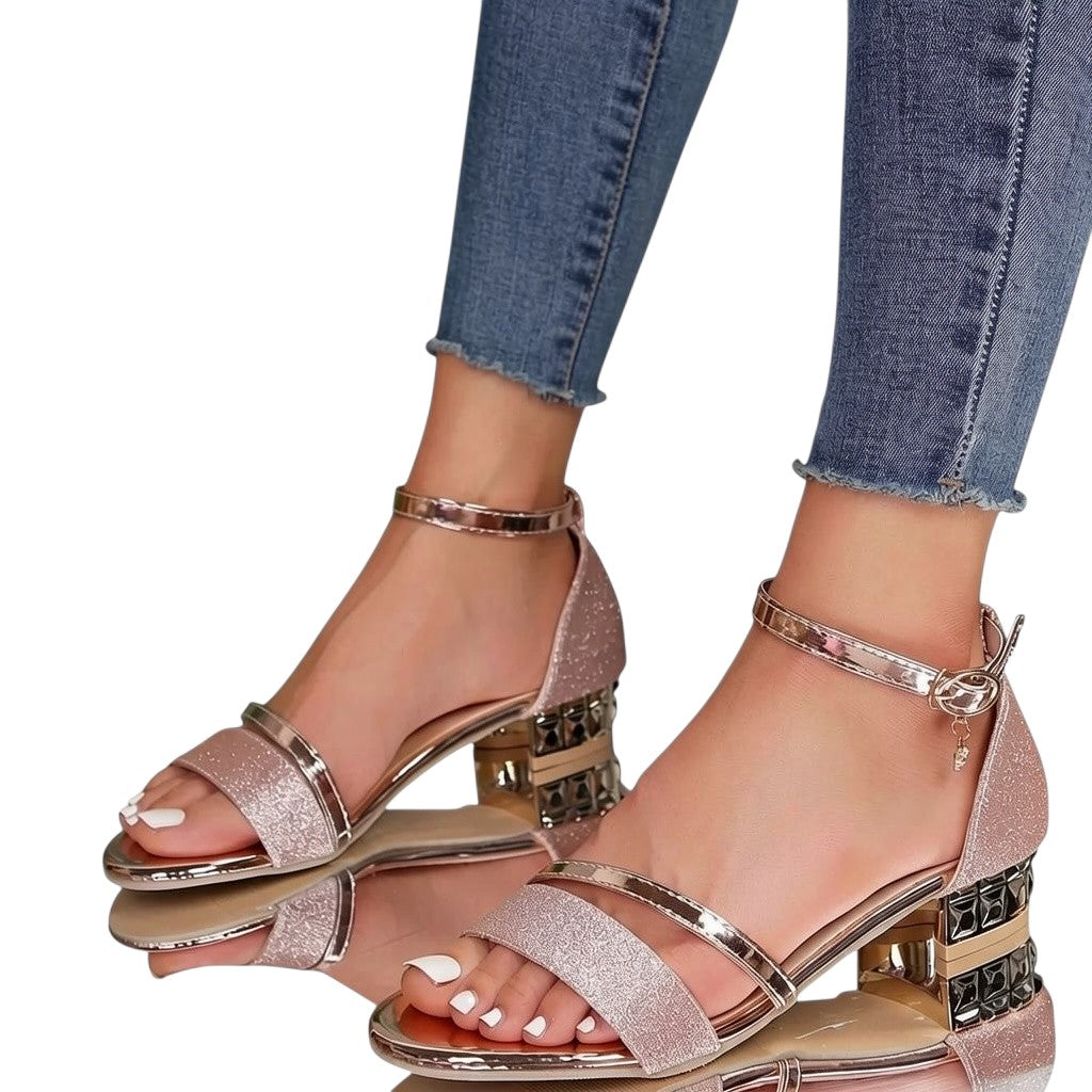 Women’s strappy block heel sandals with ankle strap, open toe, rose glitter straps, block heel