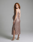 Rose gold sequin maternity cocktail dress, scoop neckline, front slit