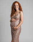 Rose gold sequin maternity cocktail dress, fitted bodice, spaghetti straps, front slit