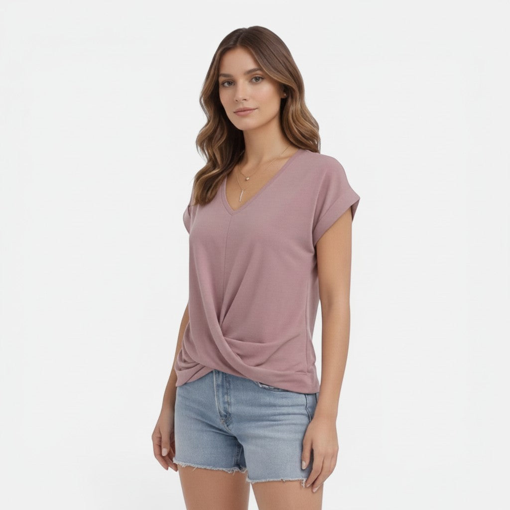 Cotton V-neck twist-front T-shirt, short sleeves, mauve pink