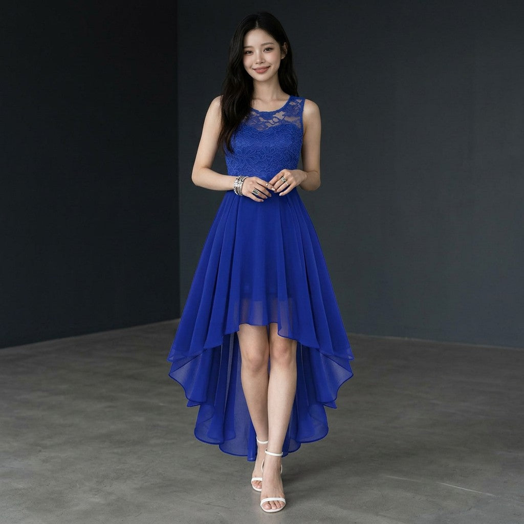 Blue sleeveless high-low cocktail dress with lace bodice and chiffon tiered skirt