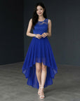 Blue sleeveless high-low cocktail dress with lace bodice and chiffon tiered skirt