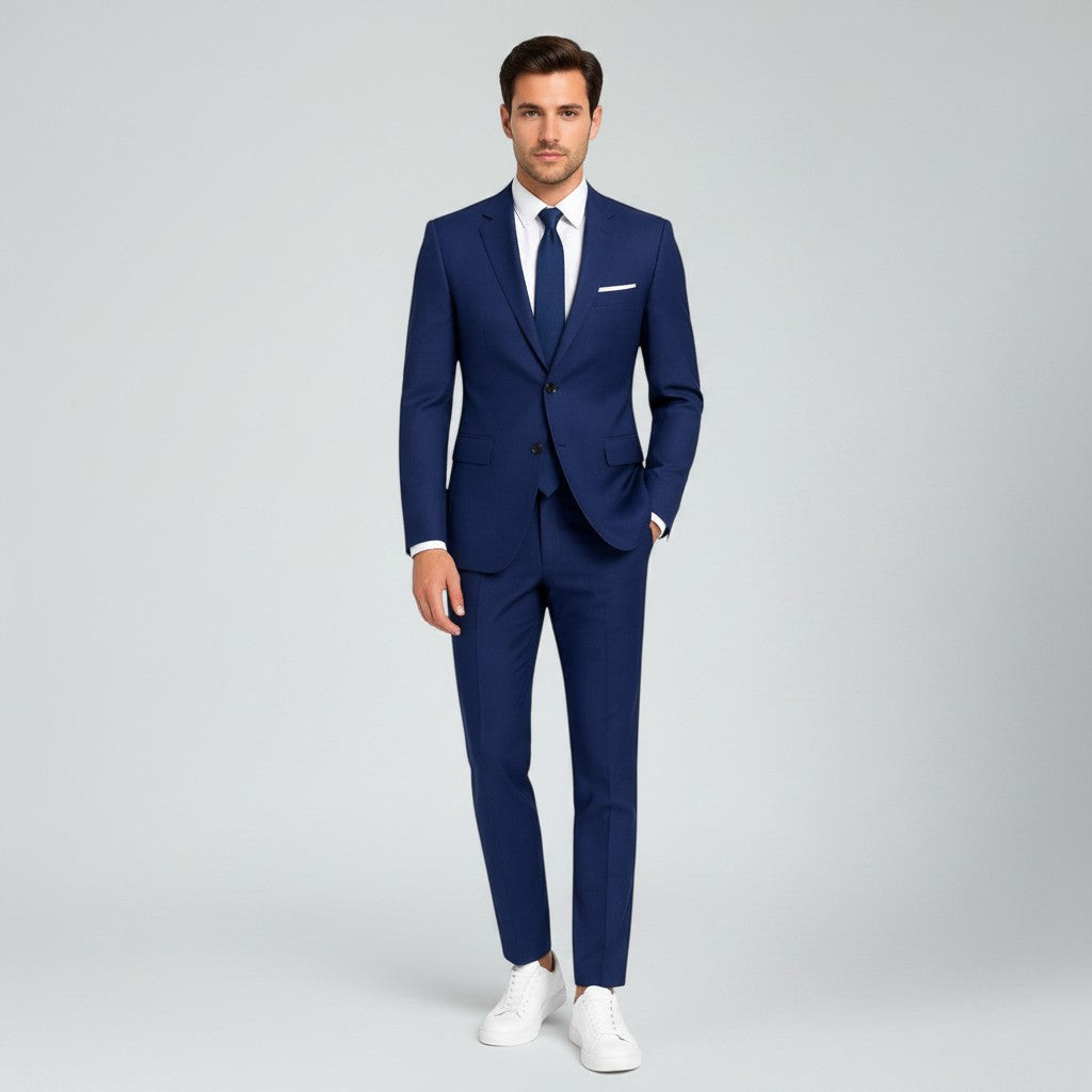 Navy men's slim-fit linen suit, blazer and trousers with notch lapels, front view.