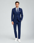 Navy men's slim-fit linen suit, blazer and trousers with notch lapels, front view.
