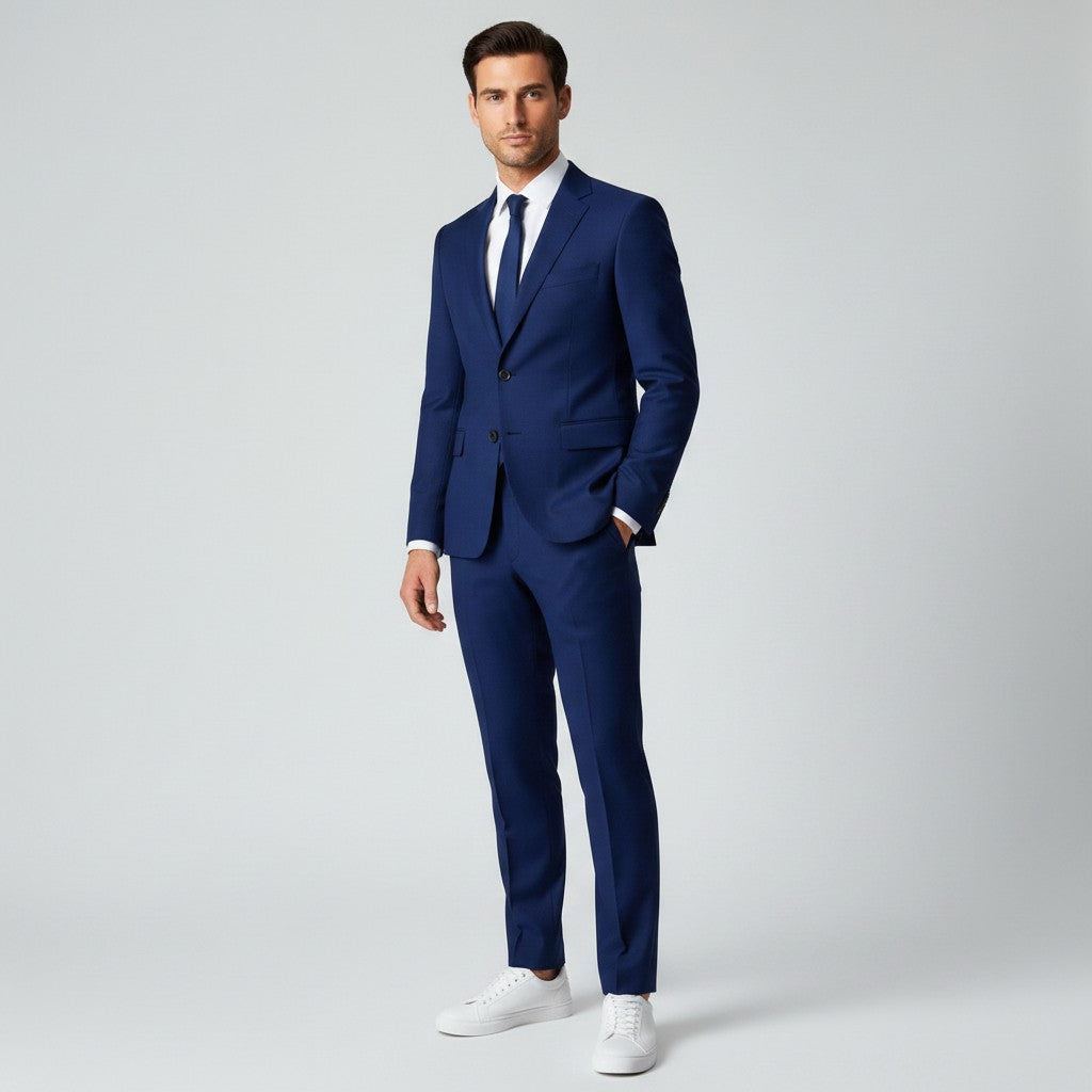 Navy men's slim-fit linen suit, 2-piece blazer and trousers, side profile.