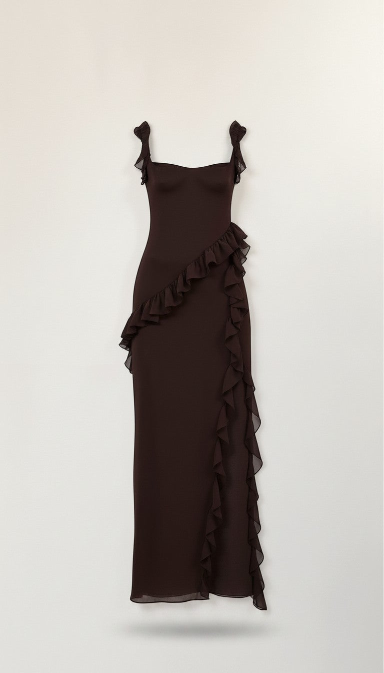 Brown maxi dress with ruffled trim and V-neck back, thin shoulder straps