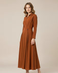 Rust midi shirt dress with short sleeves, button front, and gathered waist