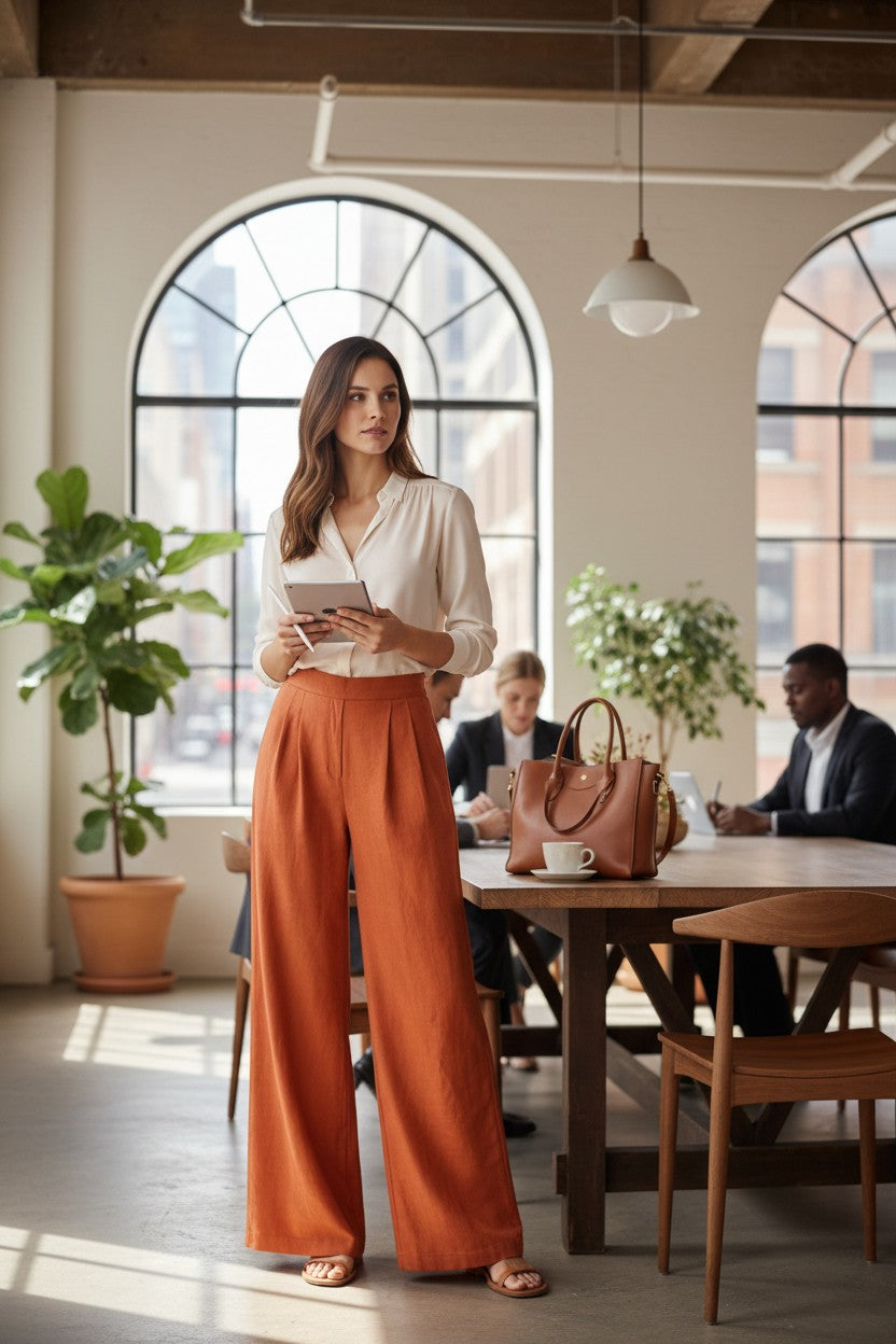 Rust orange linen-blend wide-leg trousers, high-waist with elastic waistband and wide legs