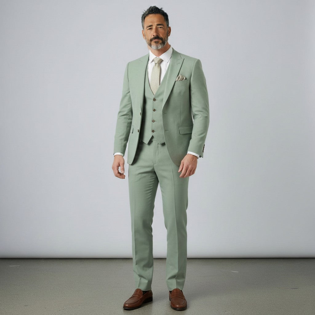 Light green men’s three-piece suit set with tailored jacket, waistcoat, and matching trousers
