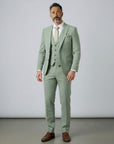 Light green men’s three-piece suit set with tailored jacket, waistcoat, and matching trousers