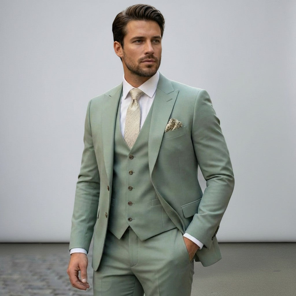 Light green men’s three-piece suit set with tailored jacket, waistcoat, and matching trousers
