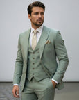 Light green men’s three-piece suit set with tailored jacket, waistcoat, and matching trousers