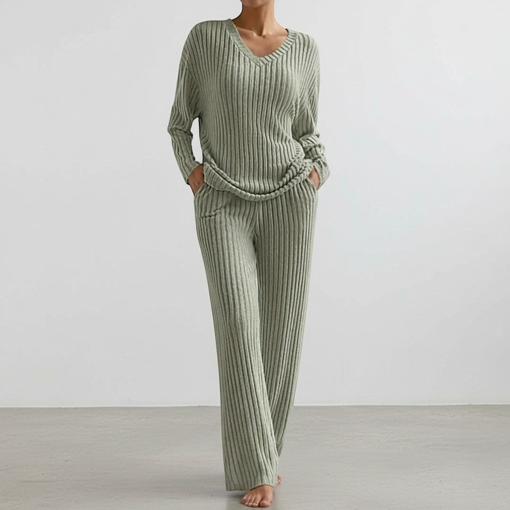 Green ribbed knit V-neck top and wide-leg trousers loungewear set