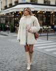 Cream teddy fleece jacket with high collar and long sleeves