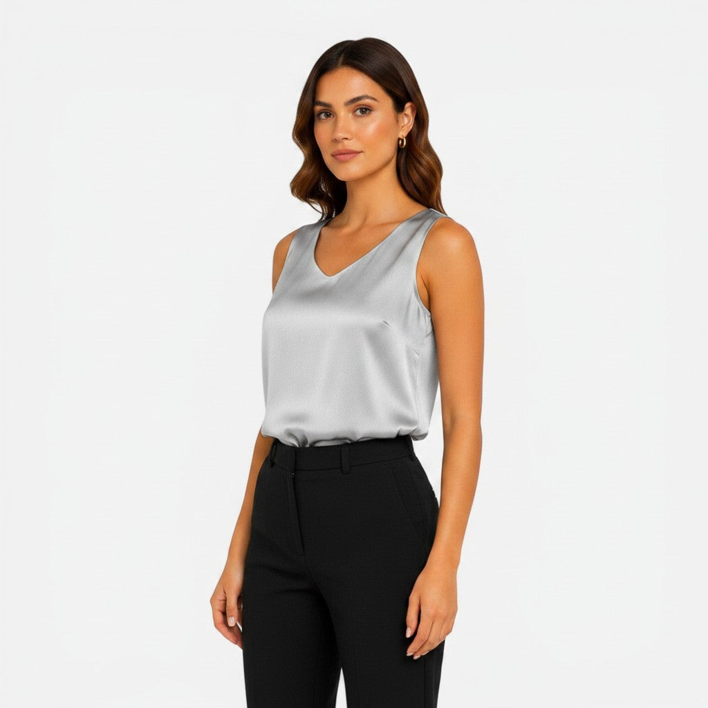 Gray satin sleeveless V-neck blouse with smooth drape front.