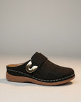 Black slip-on mules with metal buckle strap and stitched edge on low sole.