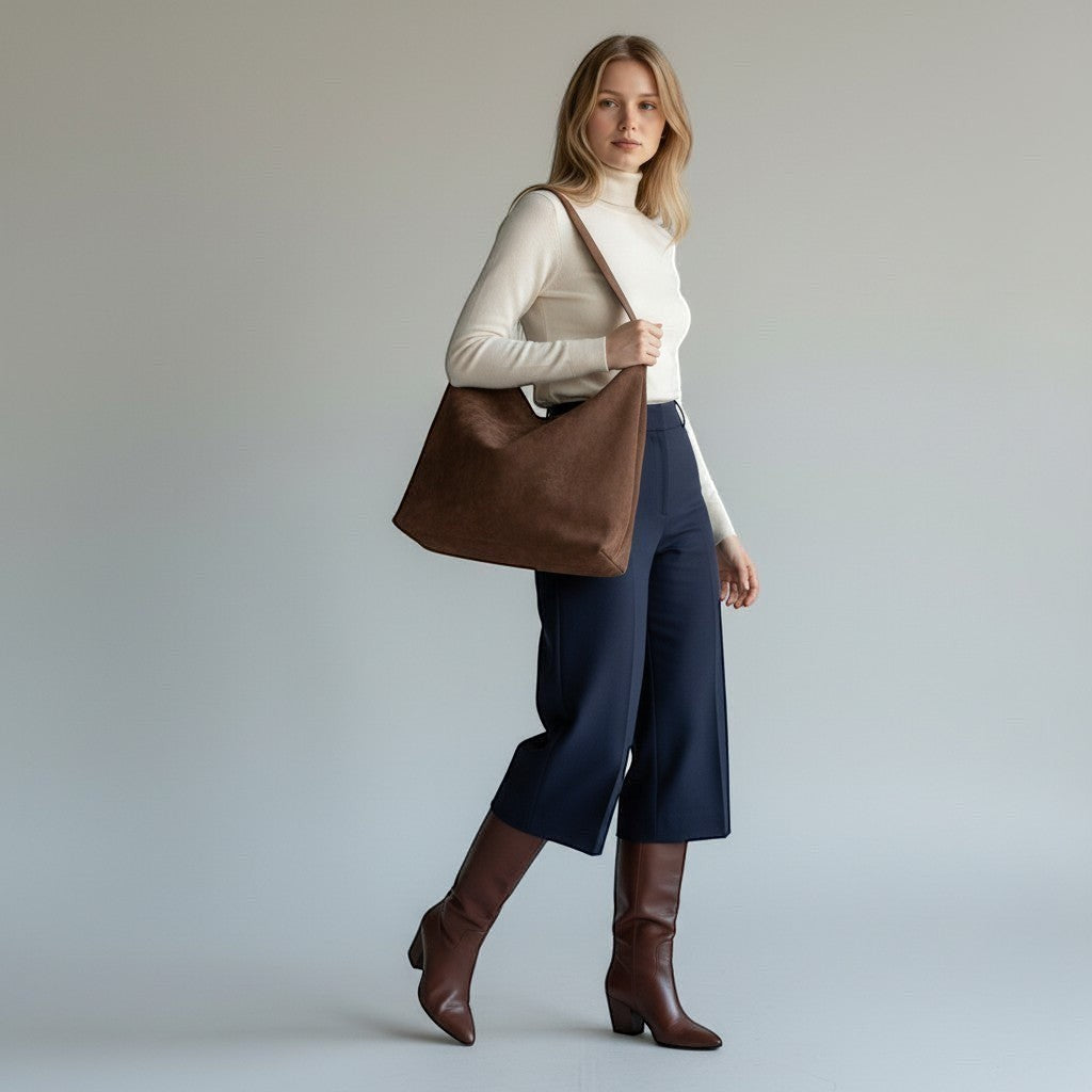 Brown suede-look shoulder bag with open top and short handles.