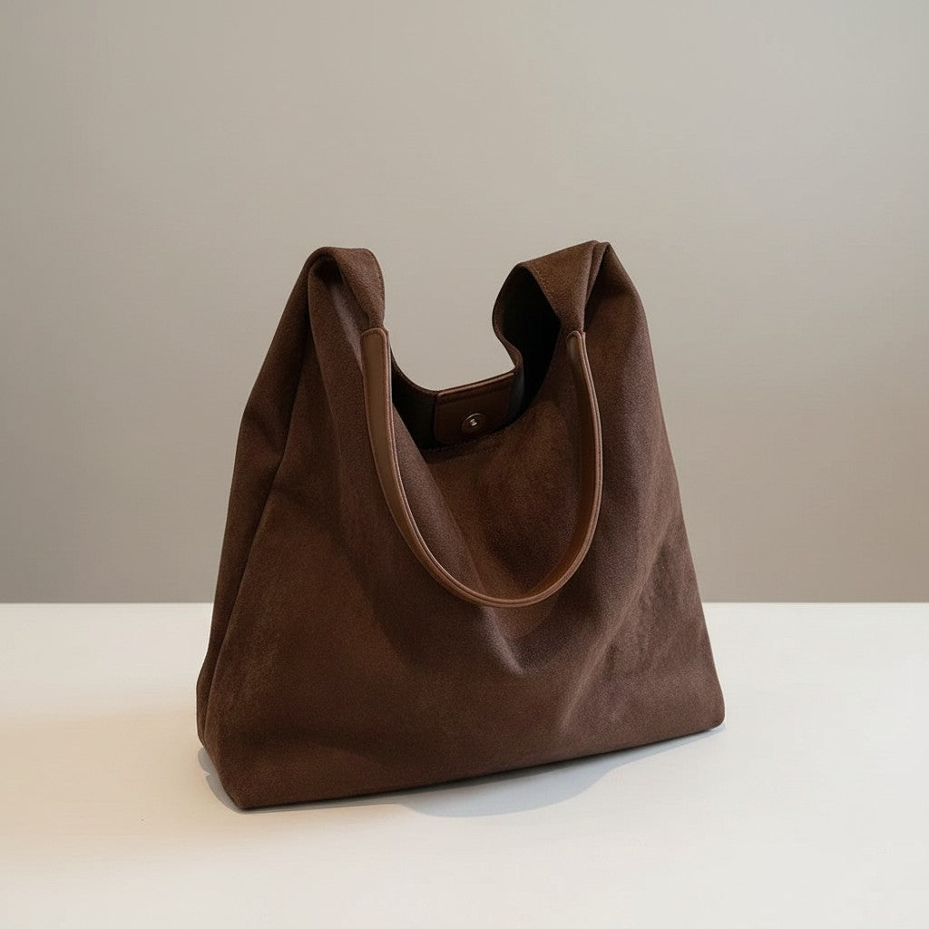 Dark brown shoulder bag with open top, curved seams, and short handles.
