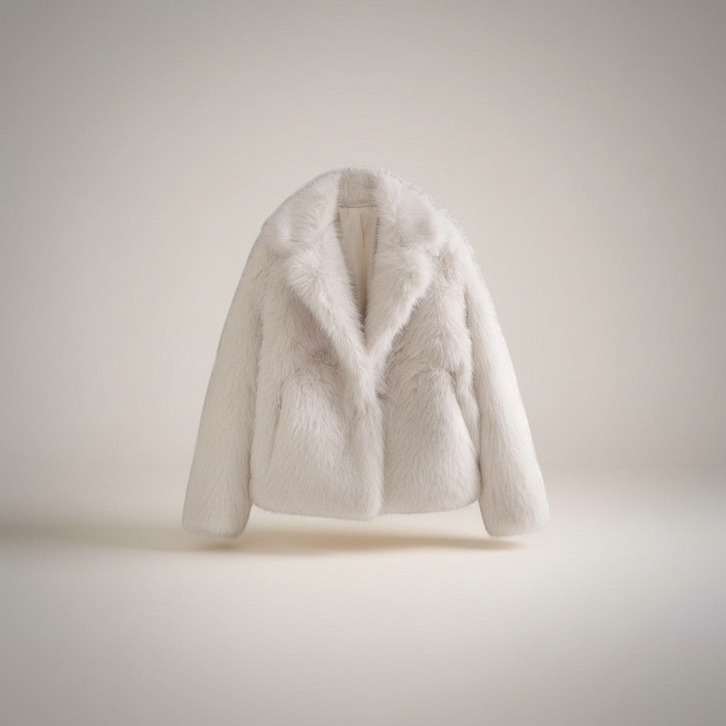 Cream teddy fleece jacket, front view with stand collar