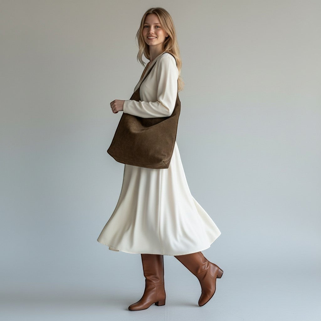 Brown soft shoulder bag with open-top crescent shape and short handles.