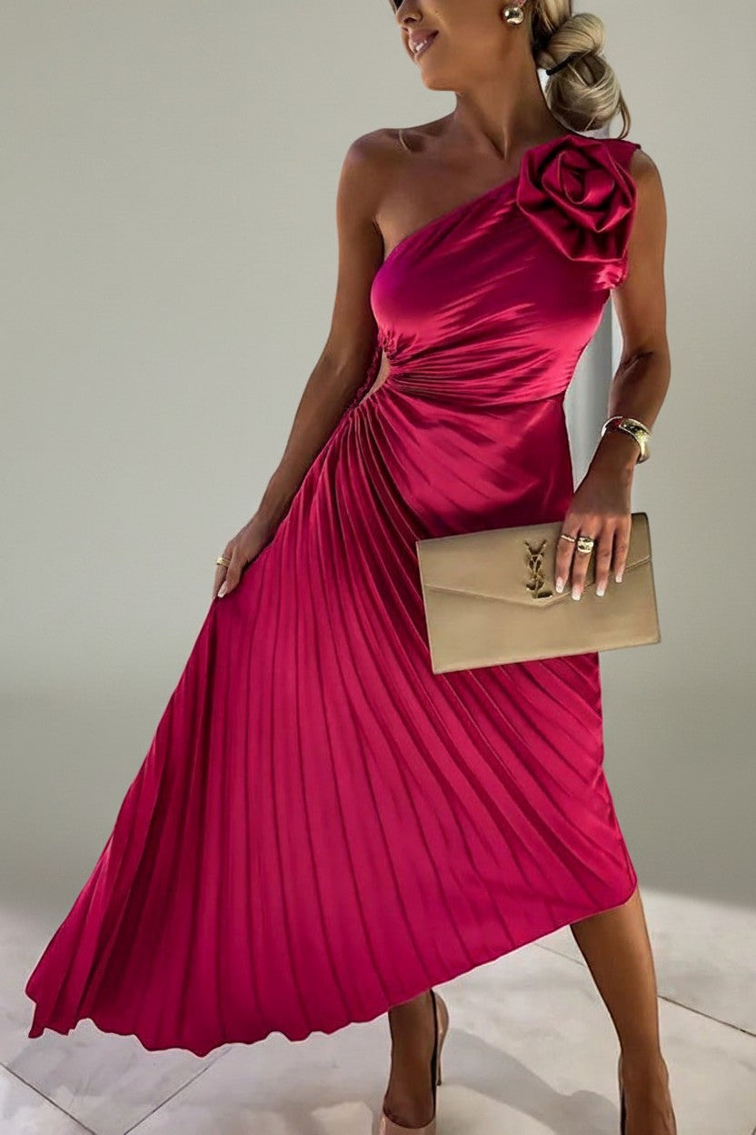 Fuchsia one-shoulder pleated maxi dress with rosette detail at the shoulder