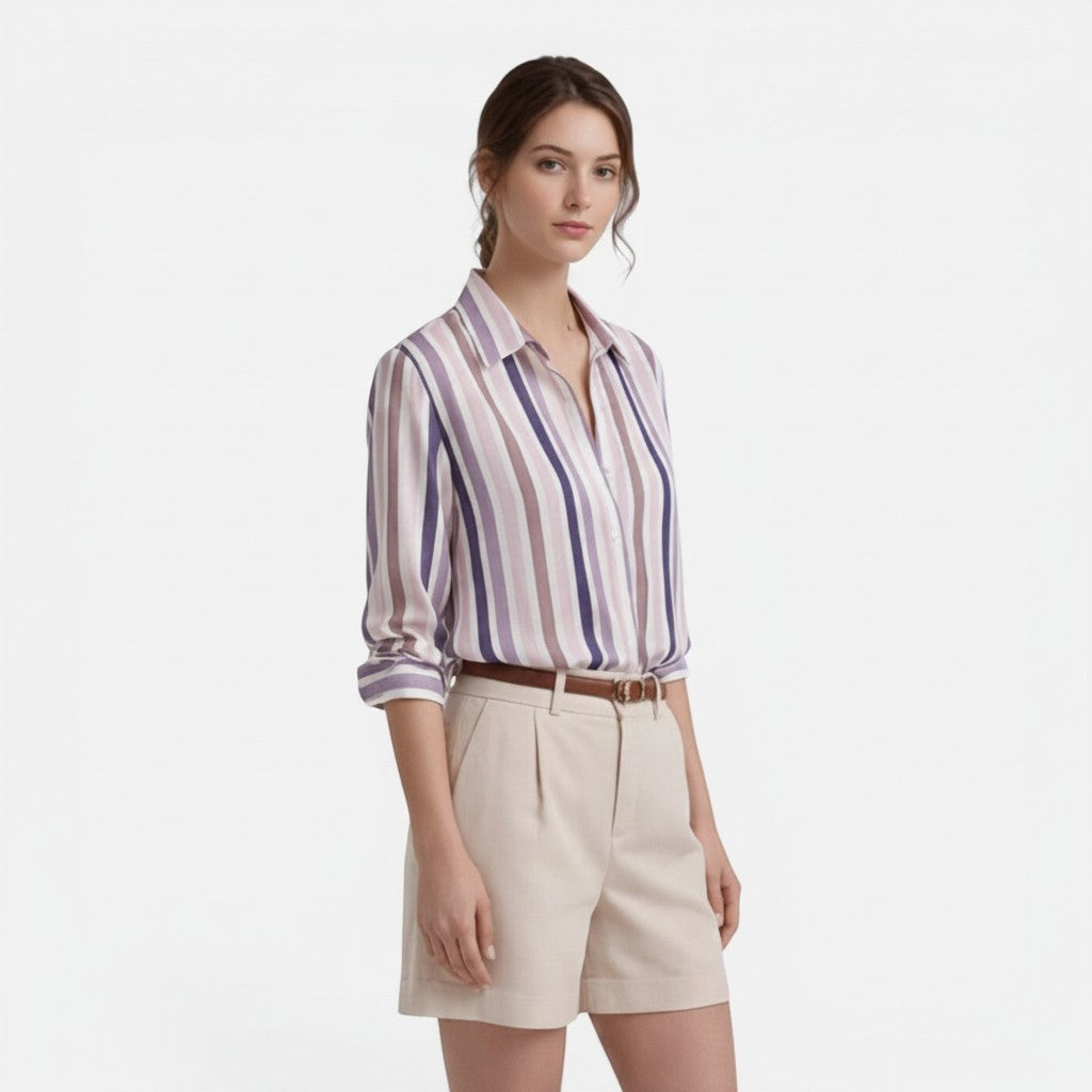 Women’s cotton stripe blouse with button placket and pointed collar, pastel vertical stripes