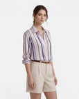 Women’s cotton stripe blouse with button placket and pointed collar, pastel vertical stripes