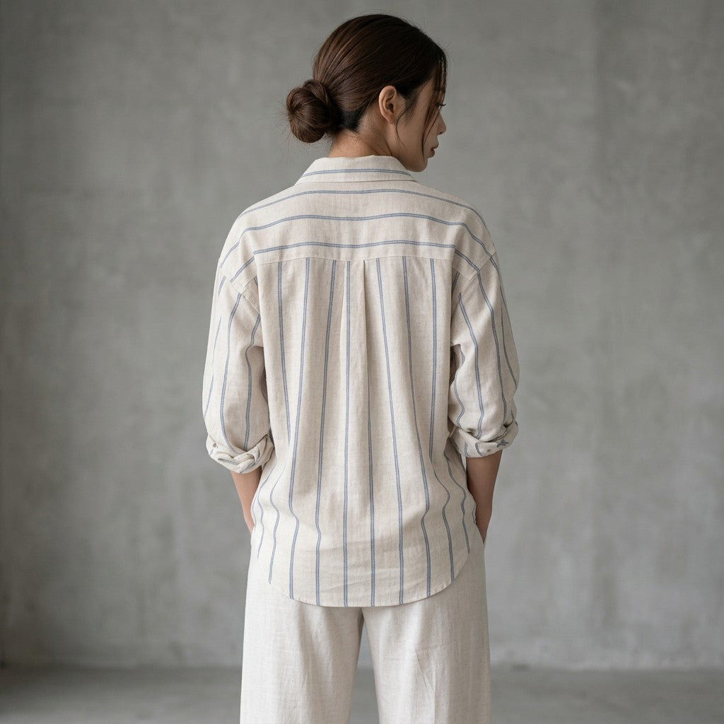 Back view striped button-up blouse in cream with blue vertical stripes and yoke pleats.