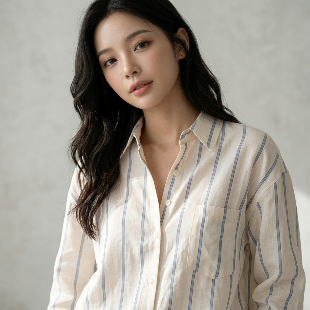 Striped button-up blouse with collar and buttons, cream with blue vertical stripes.