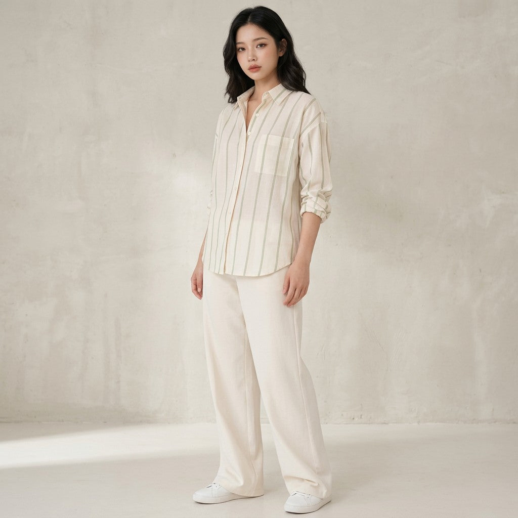 Cream striped button-up shirt with blue vertical stripes, collar, and long sleeves.