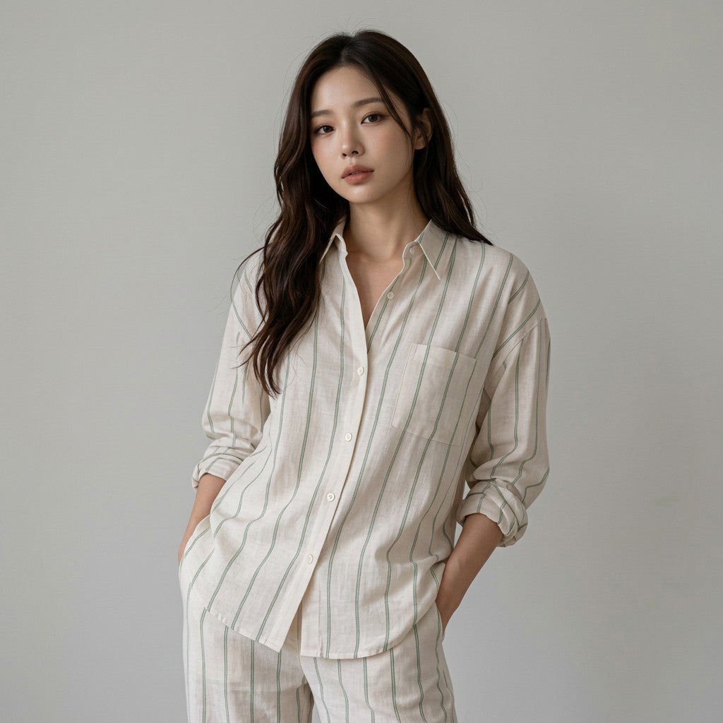 Striped button-up blouse with collar and pocket, cream with blue vertical stripes, button front.