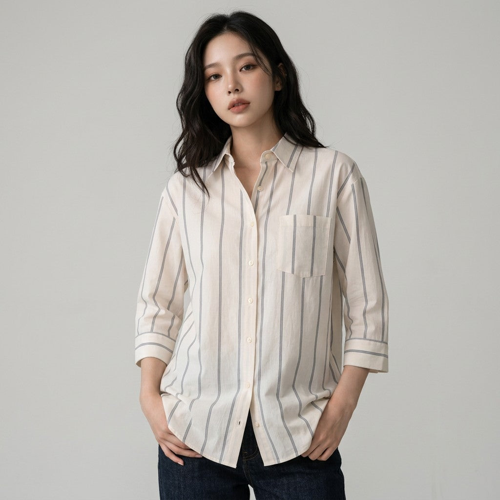 Cream striped button-up blouse with chest pocket and rolled sleeves, blue vertical lines.