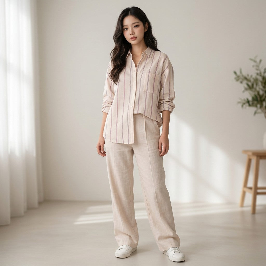 Cream striped button-up blouse with blue vertical lines, chest pocket, and rolled sleeves.