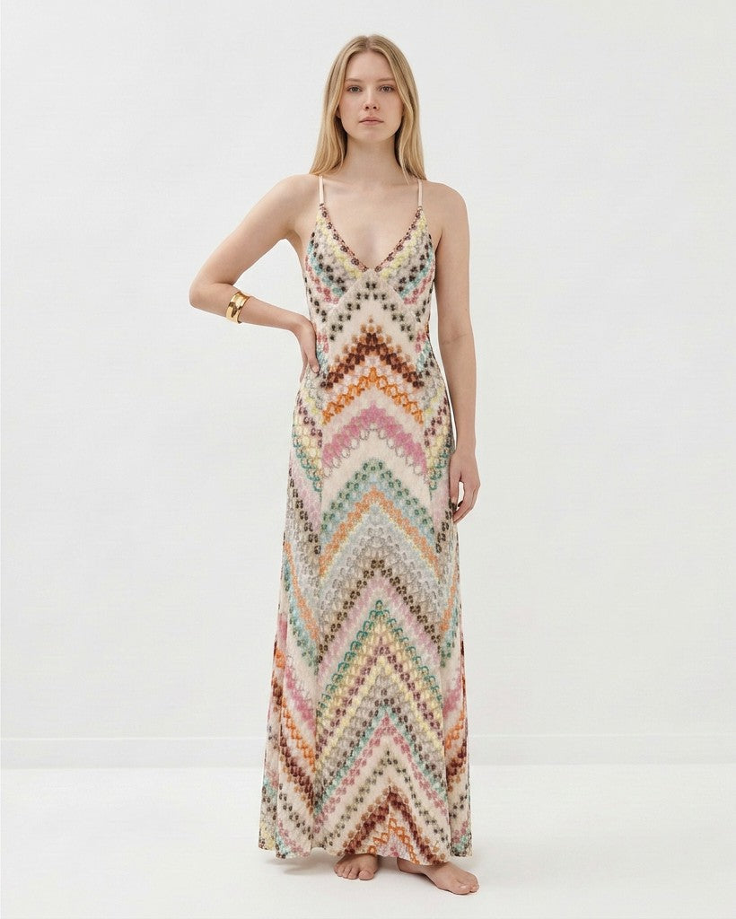 Women's Lightweight Knit Maxi Dress | Elegant Chevron Pattern Summer Dress 1