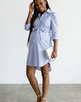 Blue striped maternity shirt dress, tie waist and 3/4 sleeves, side angle