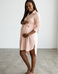 Pink striped maternity shirt dress with button front and tie waist, 3/4 sleeves