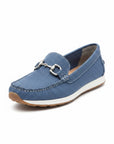 Blue fabric slip-on loafers with gold metal bit detail and white midsole.