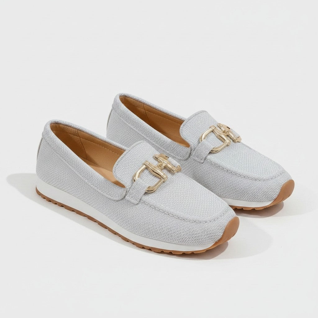 Women’s slip-on loafers, light gray canvas-look with metal bar detail and rubber sole
