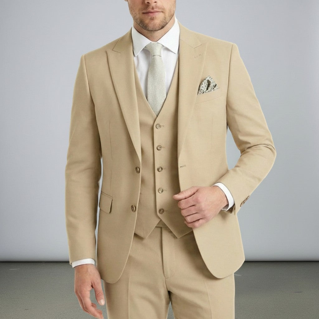 Beige three-piece suit set with tailored jacket, waistcoat, and matching trousers