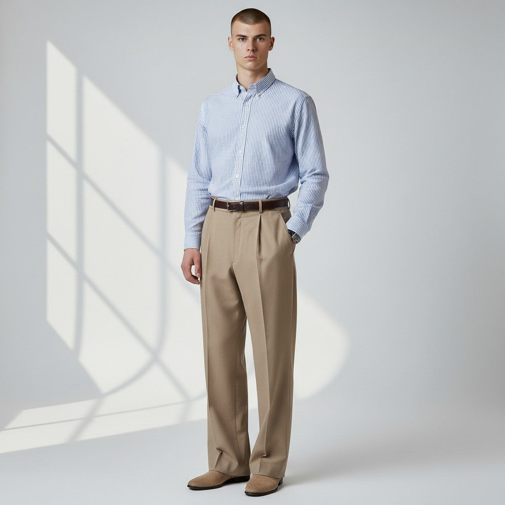 Men's high-waisted straight-leg tailored trousers in tan, front full-body view