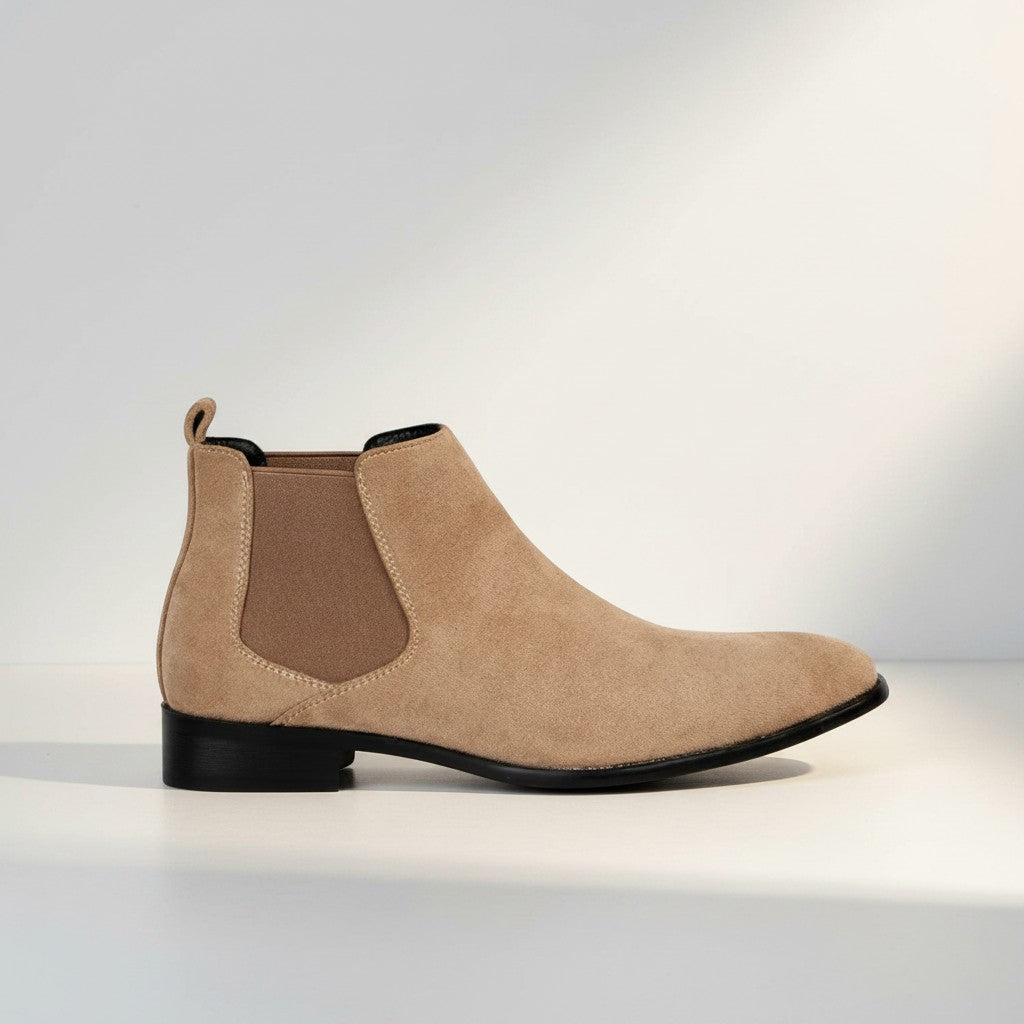 Men's suede square-toe Chelsea boots, beige with black side elastics and sole
