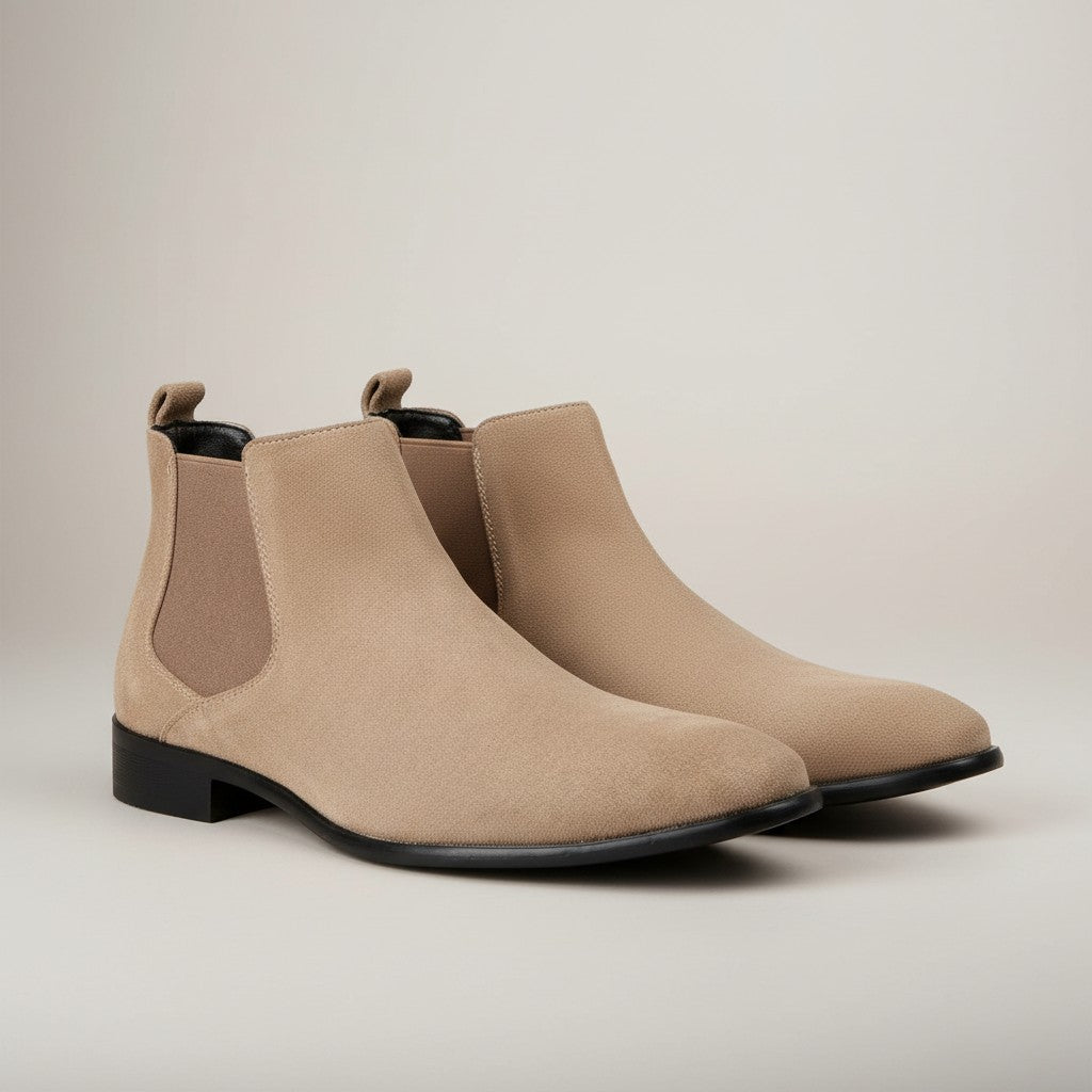 Men's suede square-toe Chelsea boots, beige with black side elastics and sole
