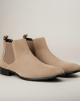 Men's suede square-toe Chelsea boots, beige with black side elastics and sole
