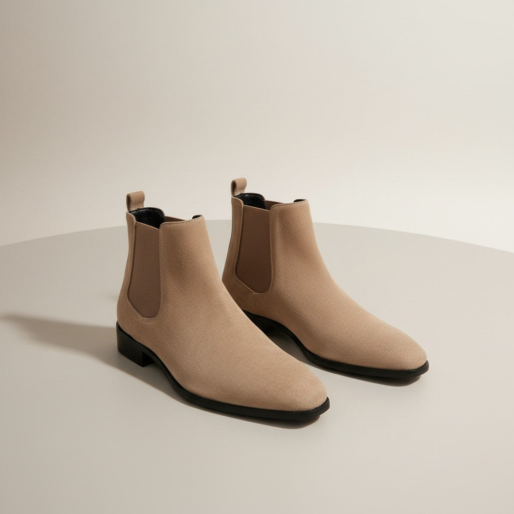 Men's suede square-toe Chelsea boots, tan-beige with black side elastics and sole