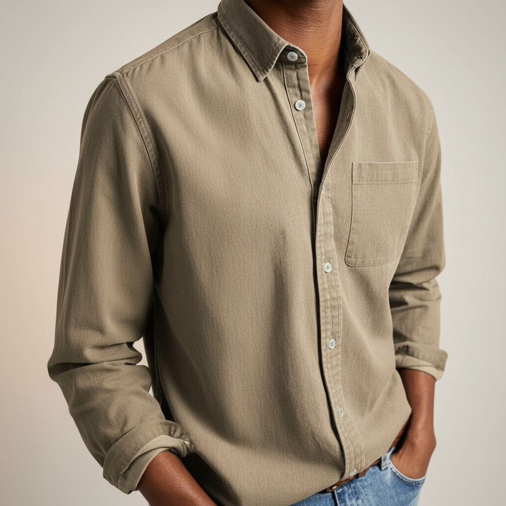 Men's slim fit long sleeve button-up shirt, solid khaki-beige with chest pocket