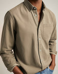 Men's slim fit long sleeve button-up shirt, solid khaki-beige with chest pocket